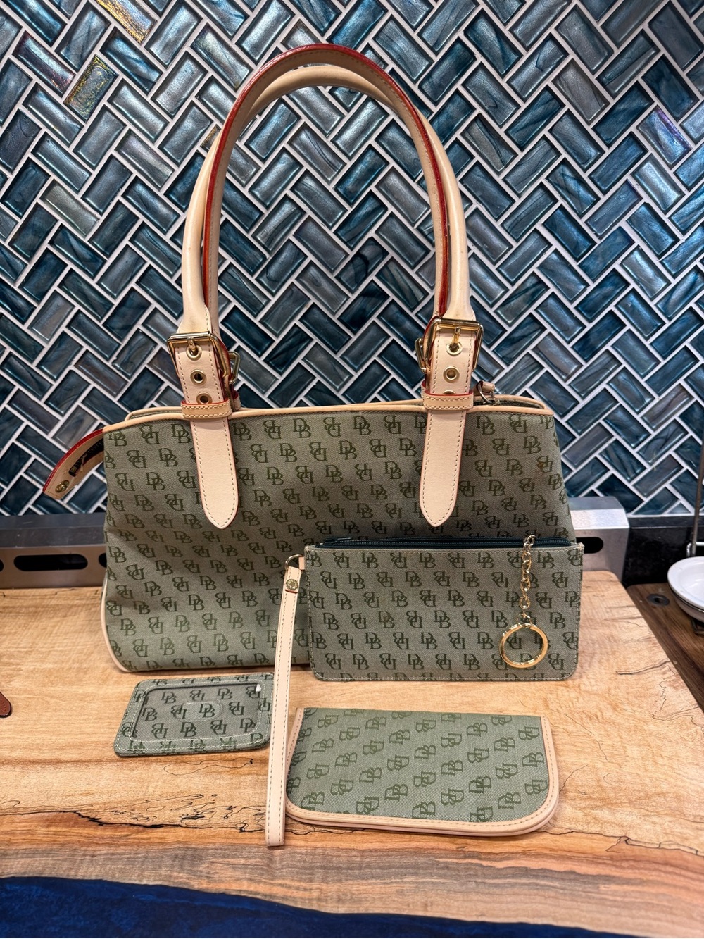 Dooney & Bourke Olive Monogram Tote with Matching Pouches
